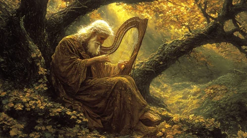 Man Playing Harp in Forest