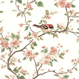 Bird Perched on a Blossom-Filled Branch