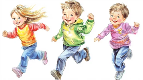 Watercolor Painting of Happy Running Children