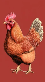 Detailed Rooster Drawing with Red Backdrop