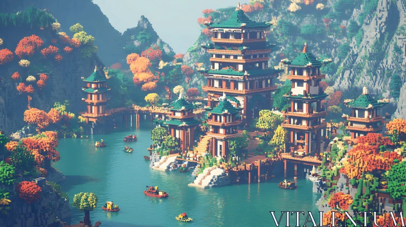 Minecraft Pagodas by the Lake AI Image