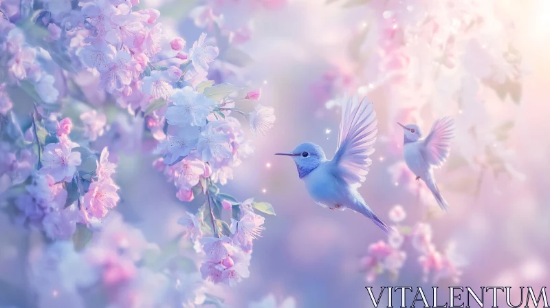 Pastel Hummingbird Flight Among Flowers AI Image