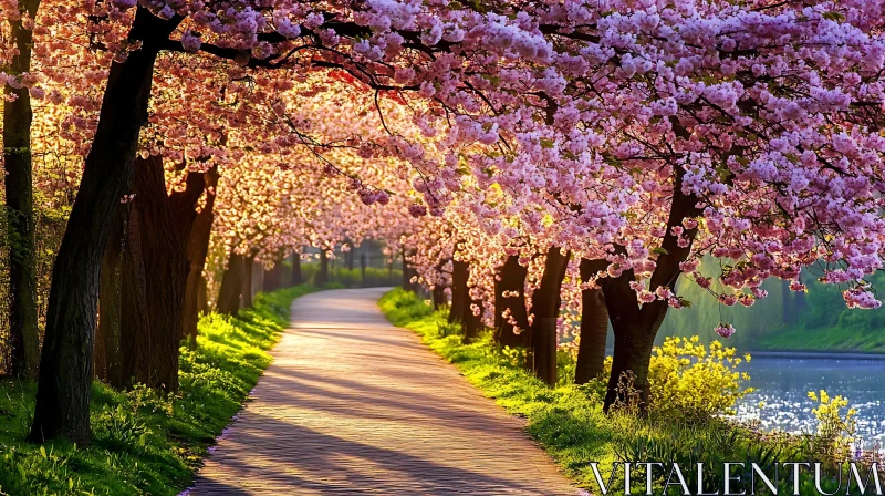 Pathway under Blossoming Cherry Trees AI Image