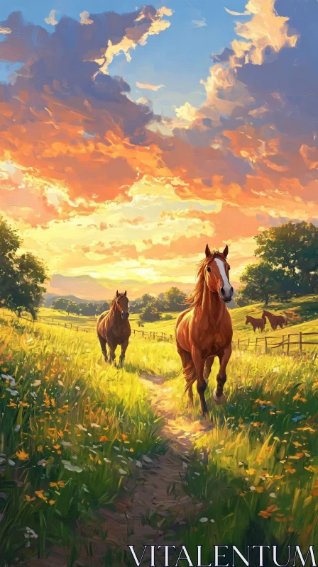 AI ART Sunset Meadow with Galloping Horses