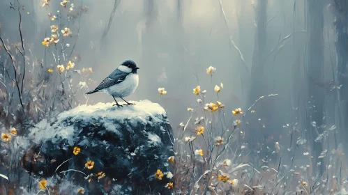 Tranquil Forest with Bird and Flowers