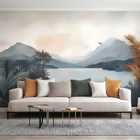 Living Room Decor with Serene Mountain Scene