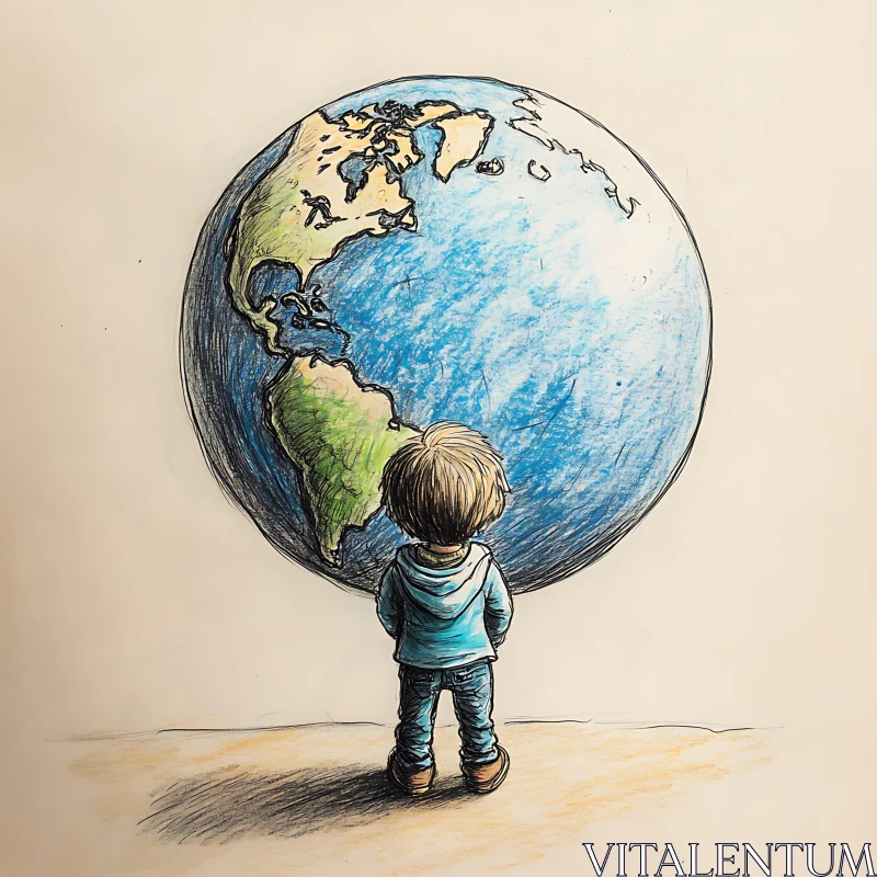 Boy Staring at Earth Globe Art AI Image