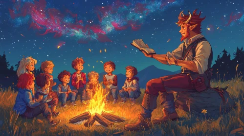 Children Gathered Around Campfire Storyteller