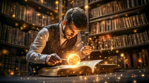 Man Reading Magical Book in Old Library