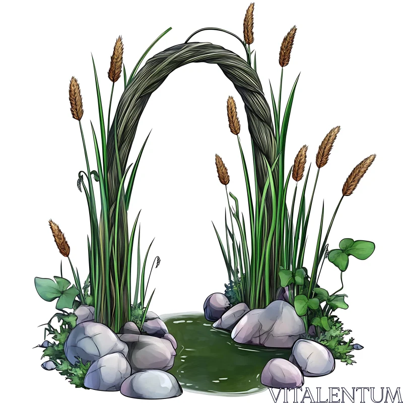 Grassy Arch Over Reflective Water AI Image