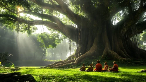 Peaceful Monks in Forest Meditation