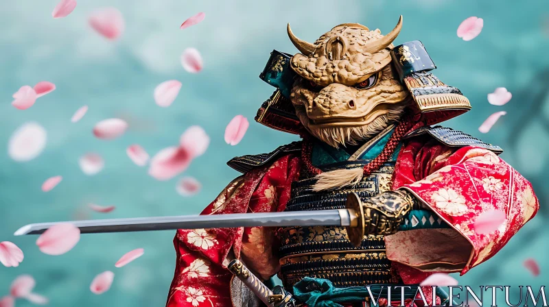 Armored Samurai with Sword in Cherry Blossom Storm AI Image