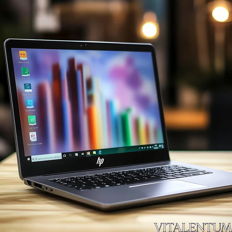 HP Laptop with Vibrant Screen on Work Desk AI Image