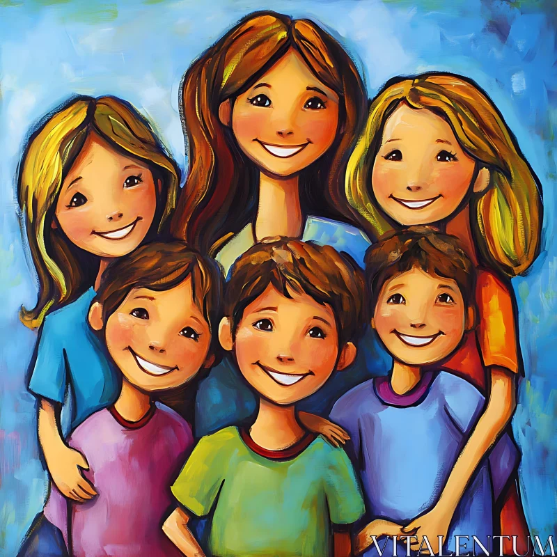 AI ART Smiling Mother with Her Four Children Painting