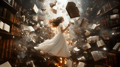 Woman in Library Surrounded by Books