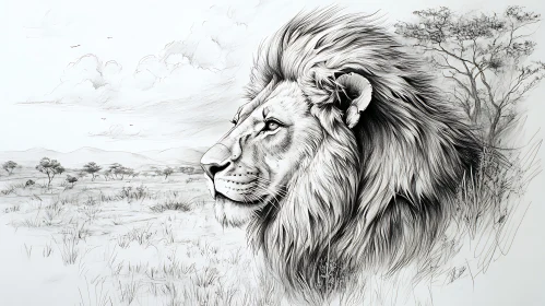 Monochrome Lion on Savanna