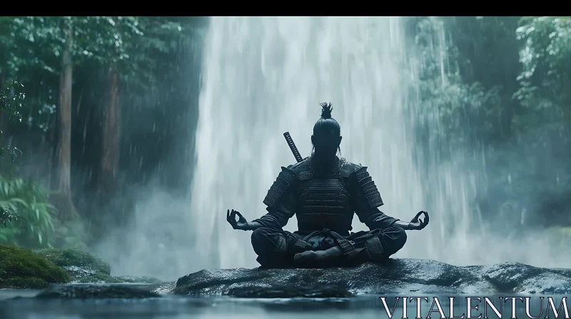 AI ART Meditative Warrior at Waterfall's Base