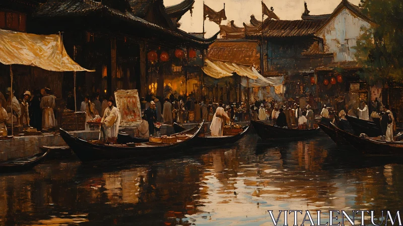 Busy Canal Market Scene in Old Town AI Image