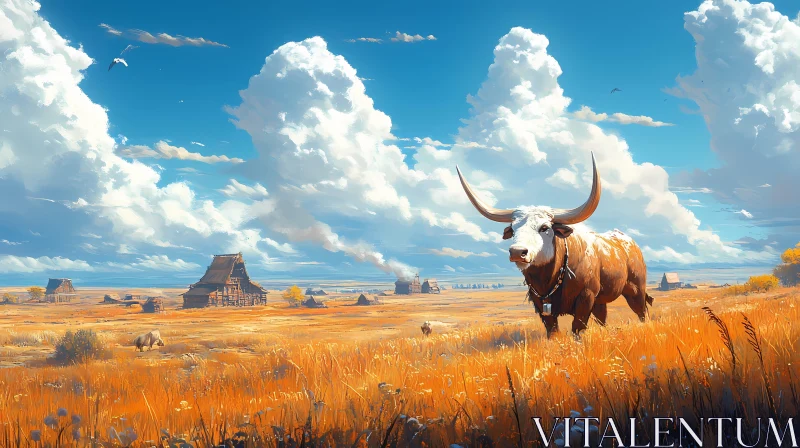 Pastoral Scene with Cow and Clouds AI Image