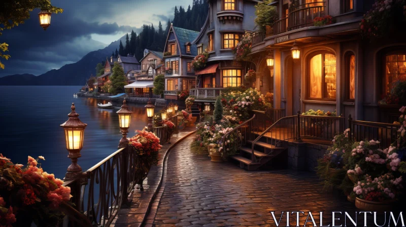 Fairytale-Inspired Evening Waterfront Scene with Houses AI Image