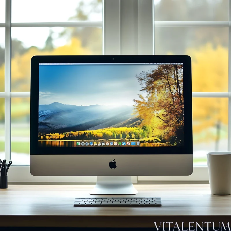 iMac Setup with Scenic Autumn View AI Image