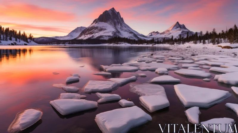 Icy Mountain Lake at Sunset: A Nature-Inspired Masterpiece AI Image