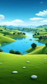 Luminous 3D Landscape: Serene Pastoral Scene with Green Lake and Hills