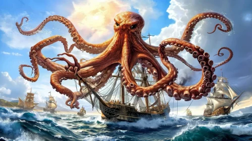 Orange Octopus Attacking Ship in Stormy Sea