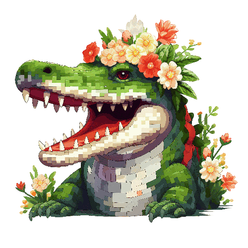 POD Design Pixelated Crocodile with Floral Crown on Transparent Background