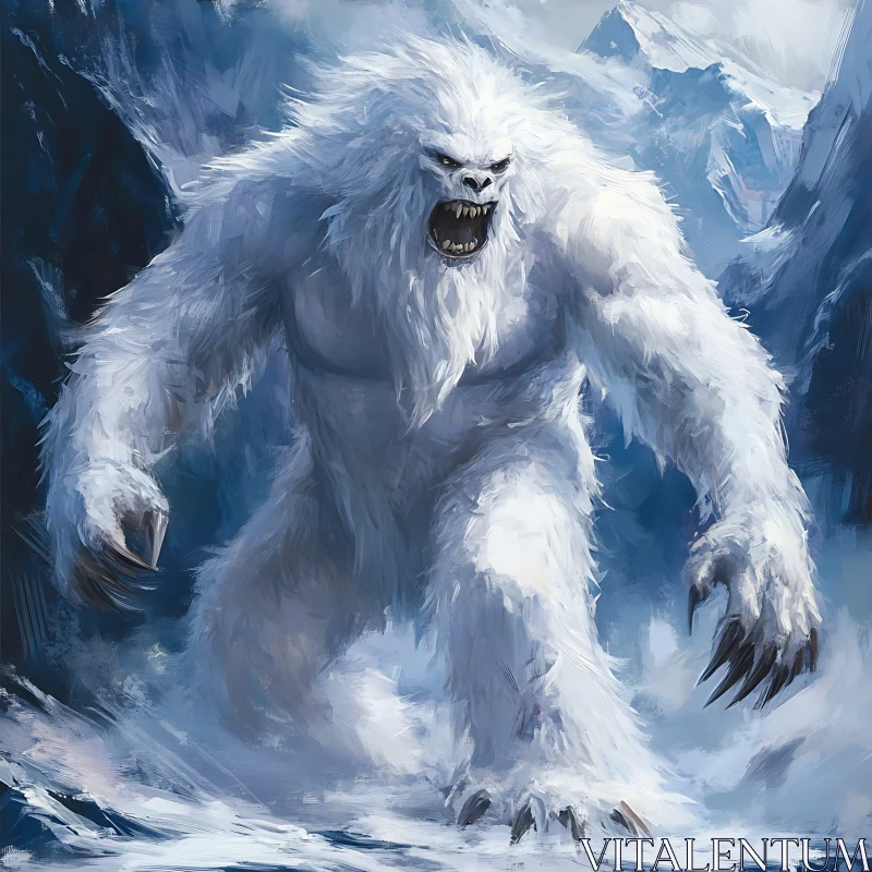 White Fur Monster in Snowy Peaks AI Image