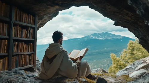 Serene Reading in Mountain Cave