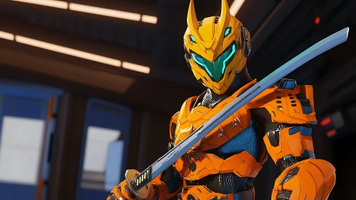 Orange Armored Cyborg with Sword