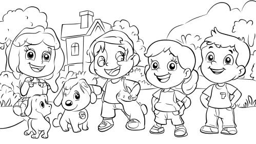 Kids and Dogs Cartoon Outline