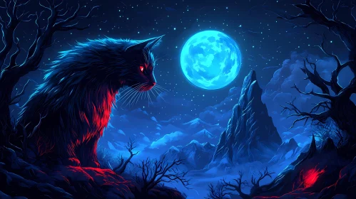 Mysterious Moonlit Night with a Cat