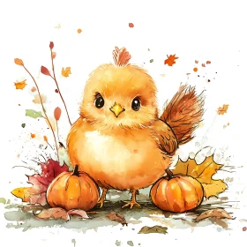 Watercolor Bird with Pumpkins and Leaves
