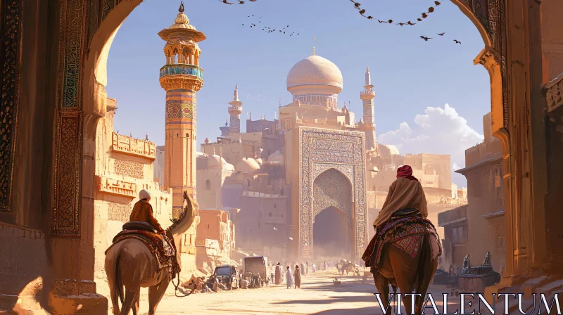 Desert Riders Approaching Ancient City Gate AI Image