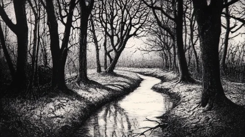 Black and White Forest Stream Art