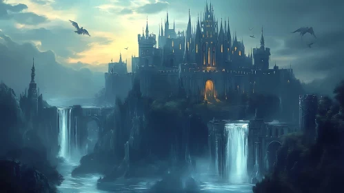 Fantasy Castle Overlooking Waterfalls