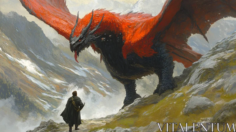 AI ART Man Confronts Dragon in Mountainous Landscape