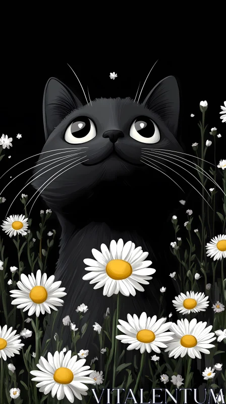 AI ART Curious Black Cat Among Flowers