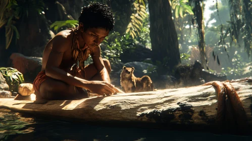 Boy with Bear in Jungle