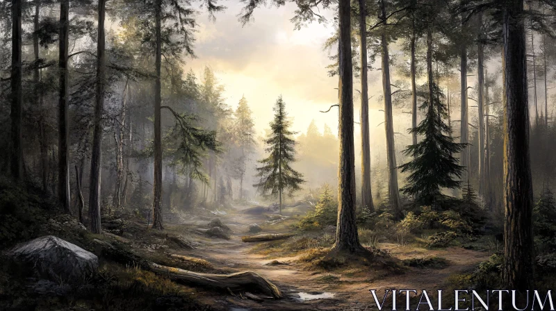 AI ART Misty Woodland with Soft Sunlight