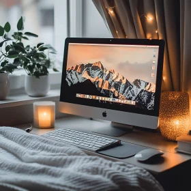 Serene Home Office Setup with Mountain View Desktop