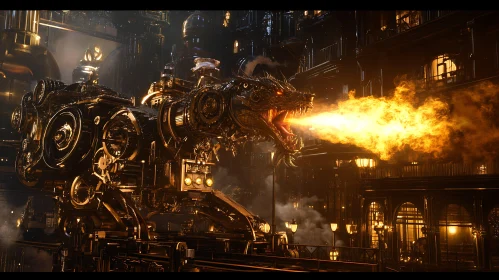 Mechanical Dragon Unleashes Fire in Cityscape