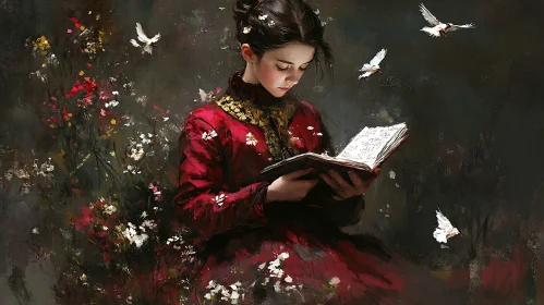 Girl in Red Dress Reading