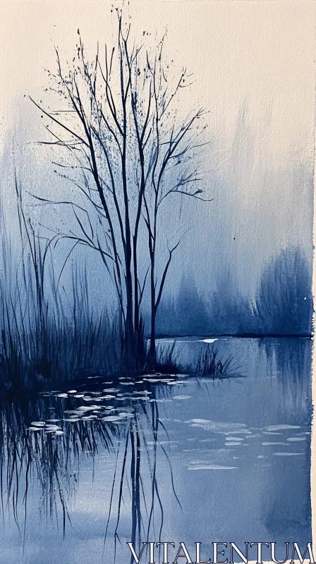 AI ART Serene Blue Lake Scene with Mist and Tree Reflections