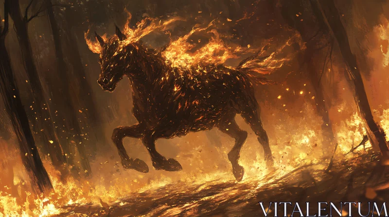 Mythical Flaming Horse in an Infernal Forest AI Image