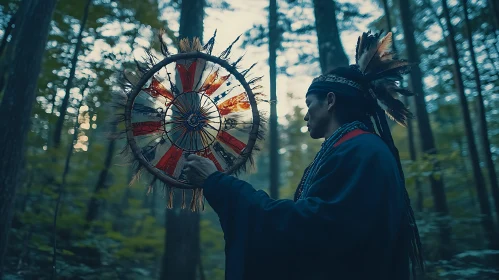 Man in Forest with Native American Shield