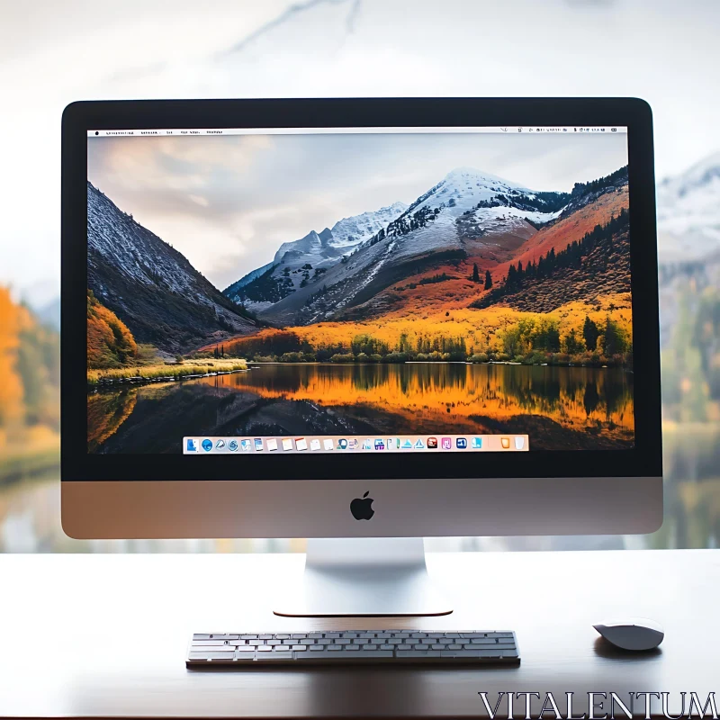 Desktop Computer with Autumn Mountain Scenery AI Image