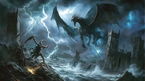 Dragon and Horned Figure Clash